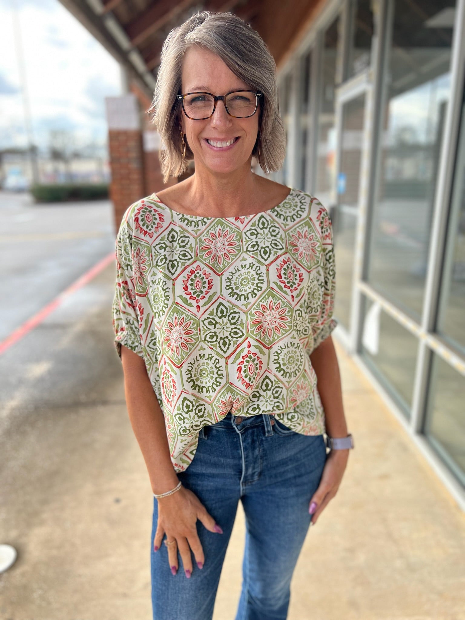 Lime Green Tile Garden Print Top with Dolman Sleeves - A'Bekah's Boutique