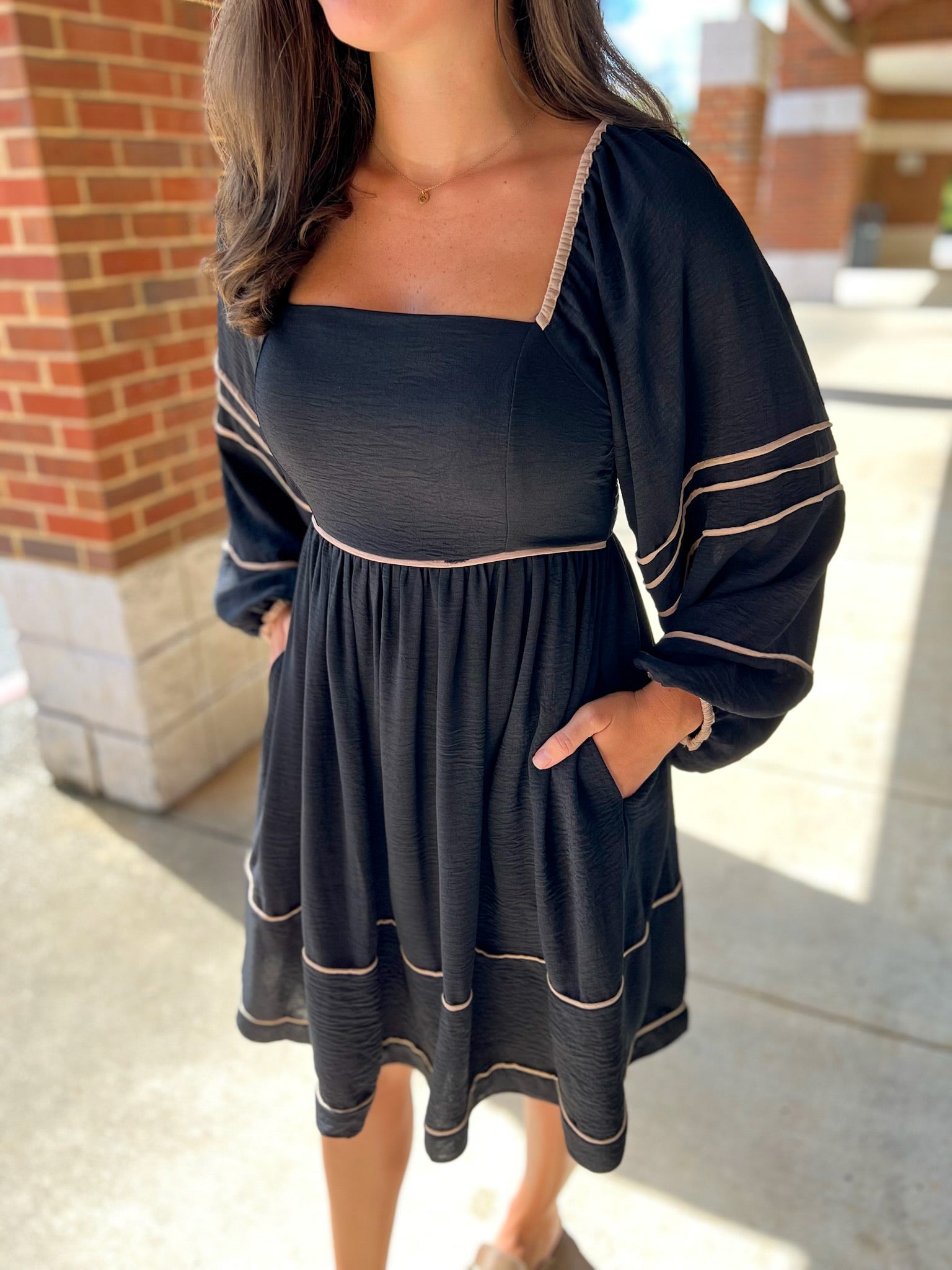 Long Sleeve Black Dress with Square Neckline and Contrast Piping - A'Bekah's Boutique