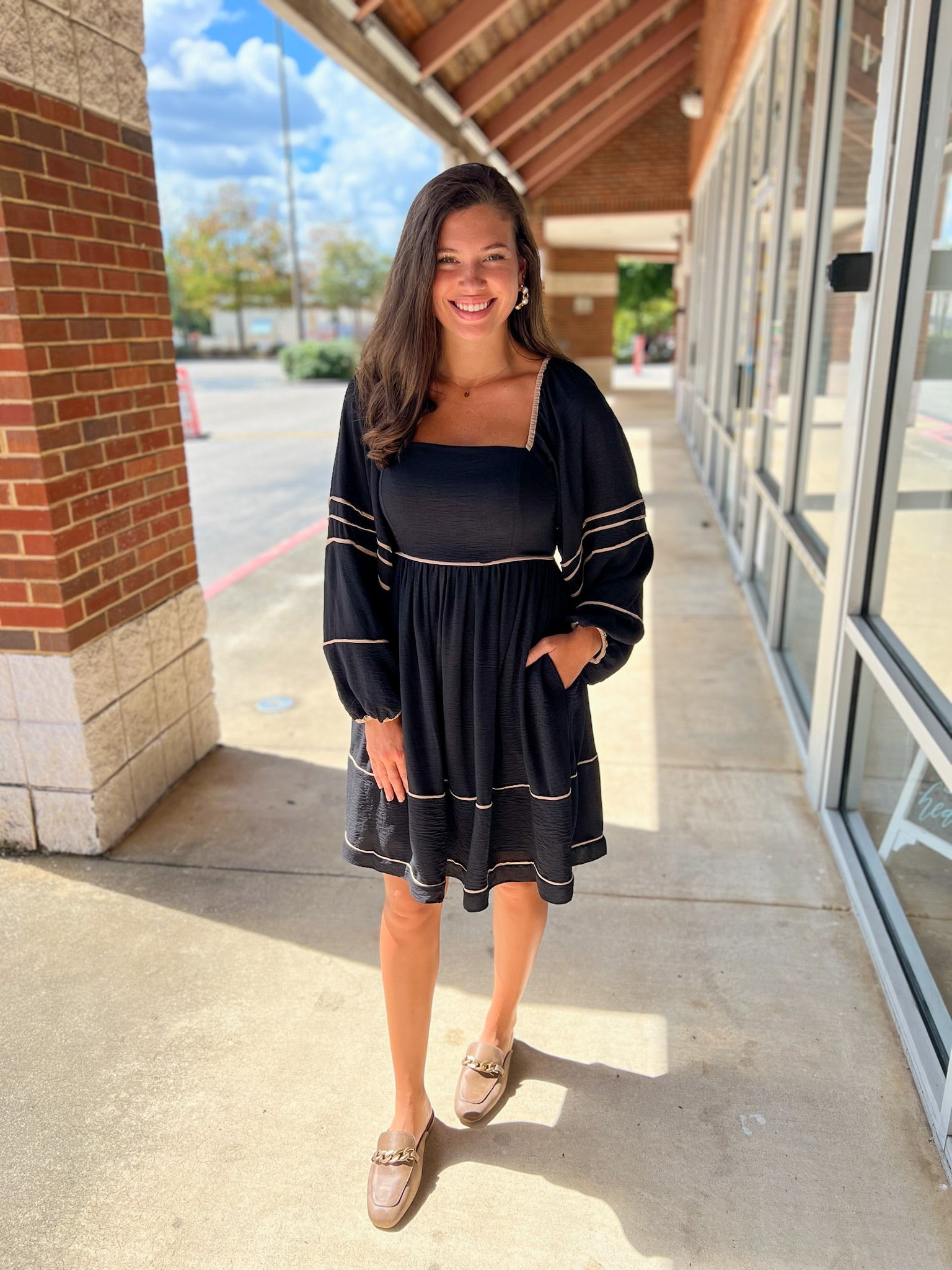 Long Sleeve Black Dress with Square Neckline and Contrast Piping - A'Bekah's Boutique