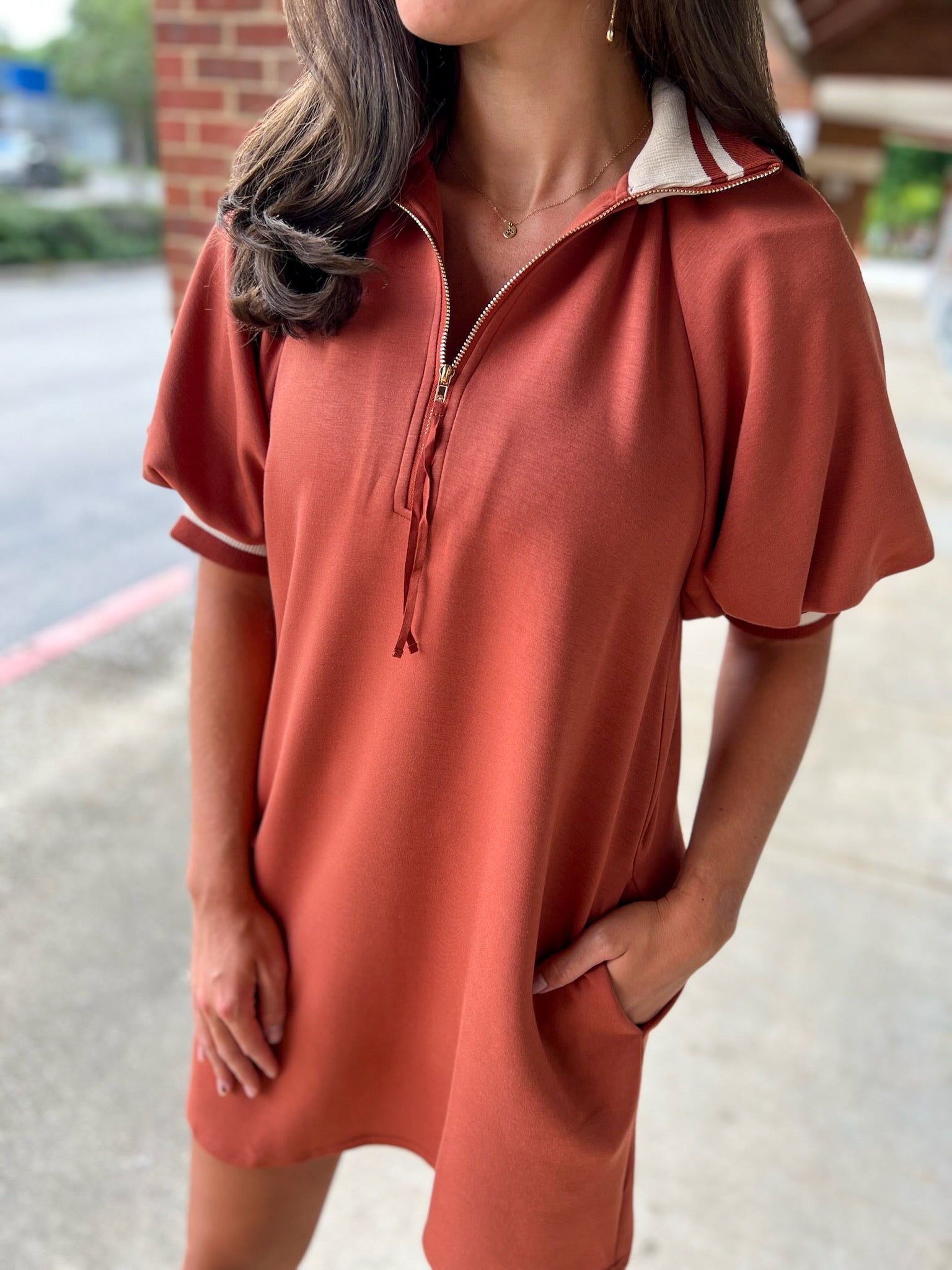 Look At Me Clay Dress with Multicolor Ribbed Trim - A'Bekah's Boutique