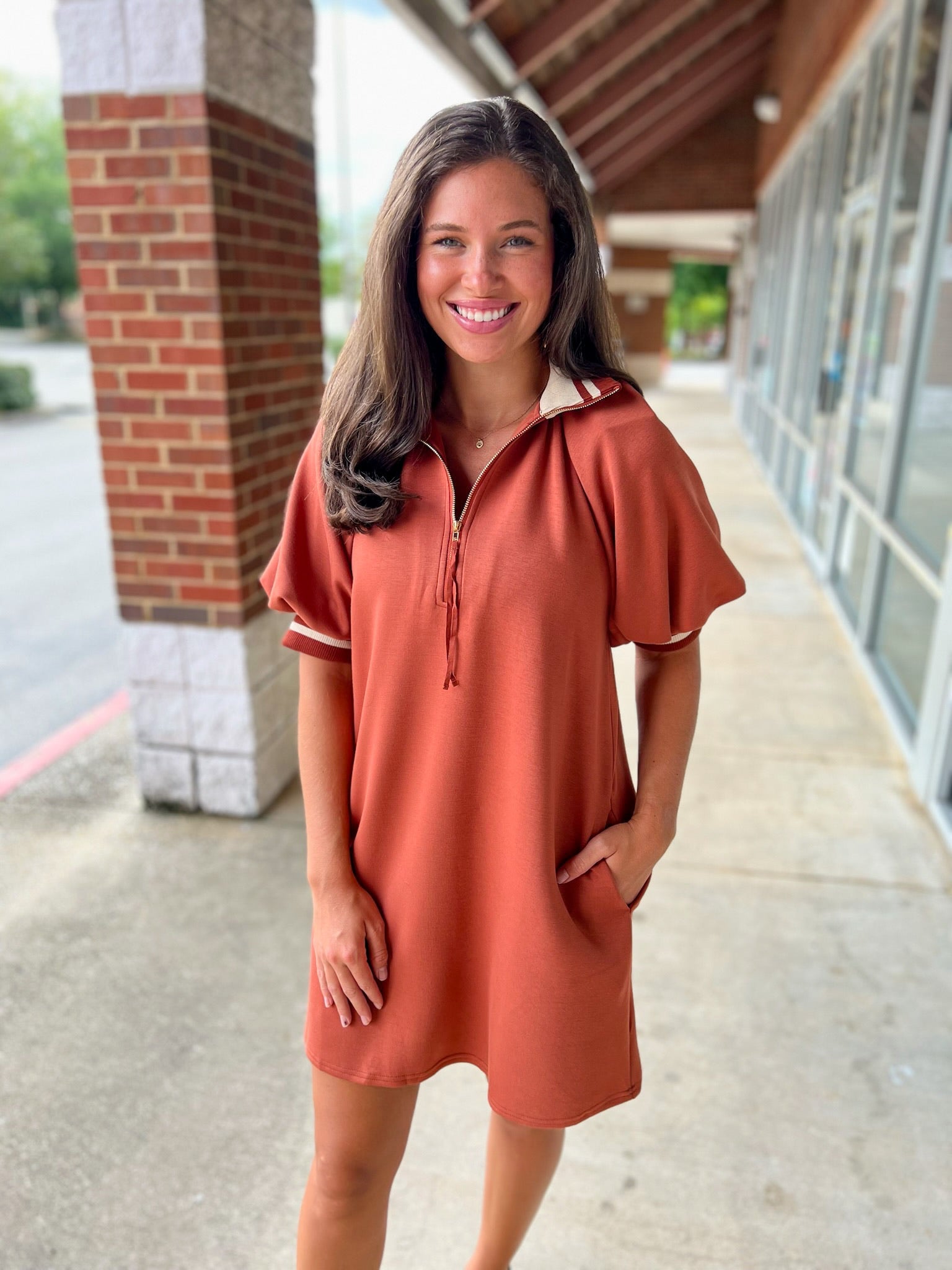 Look At Me Clay Dress with Multicolor Ribbed Trim - A'Bekah's Boutique