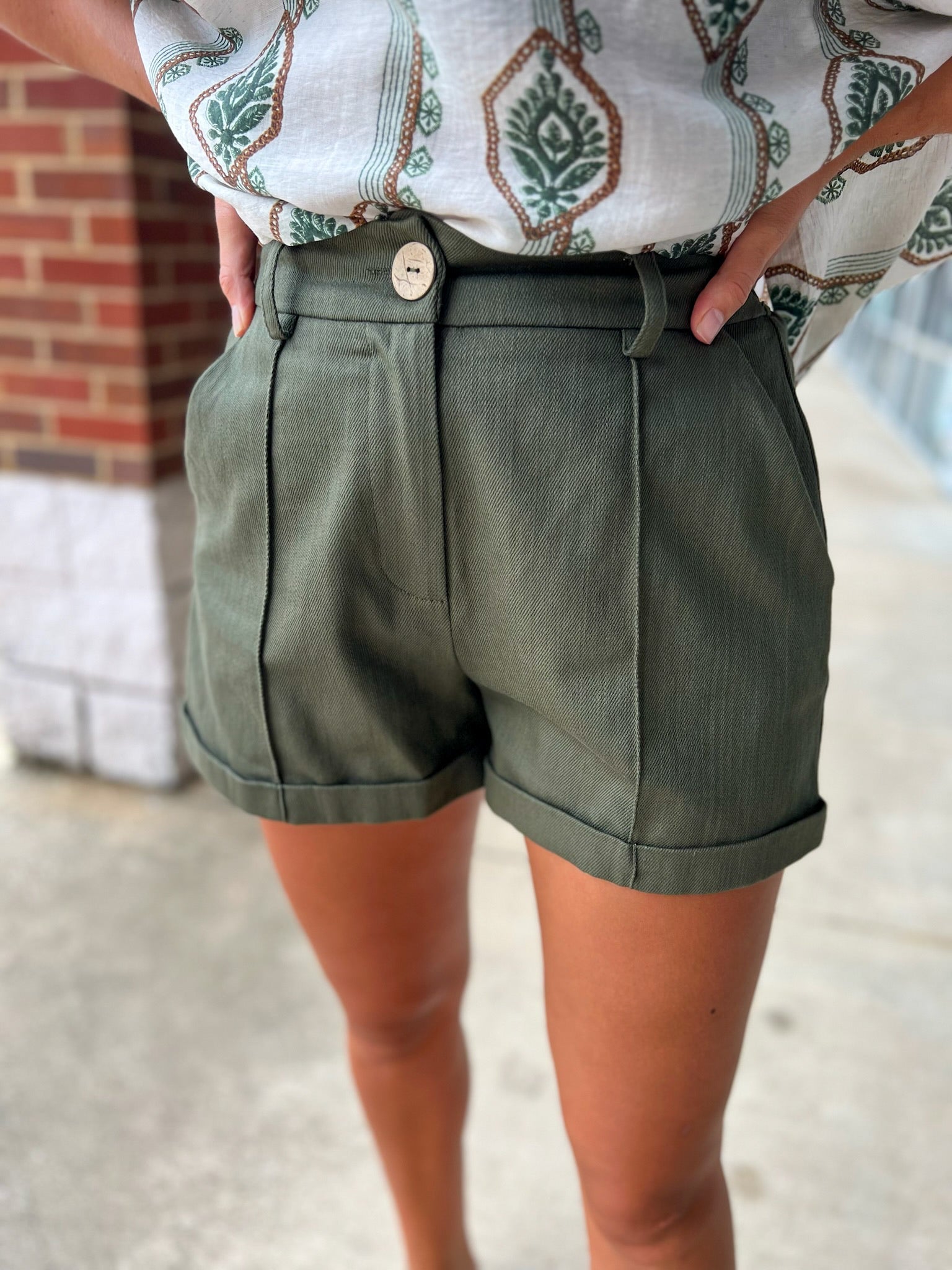 Lovely Day Olive Pintuck Short with Rolled Cuffs - A'Bekah's Boutique