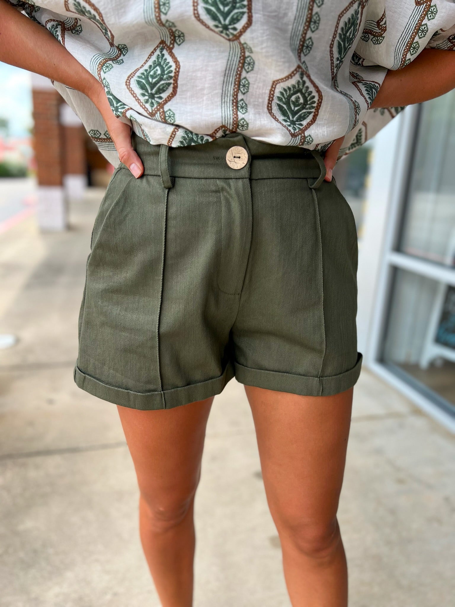 Lovely Day Olive Pintuck Short with Rolled Cuffs - A'Bekah's Boutique