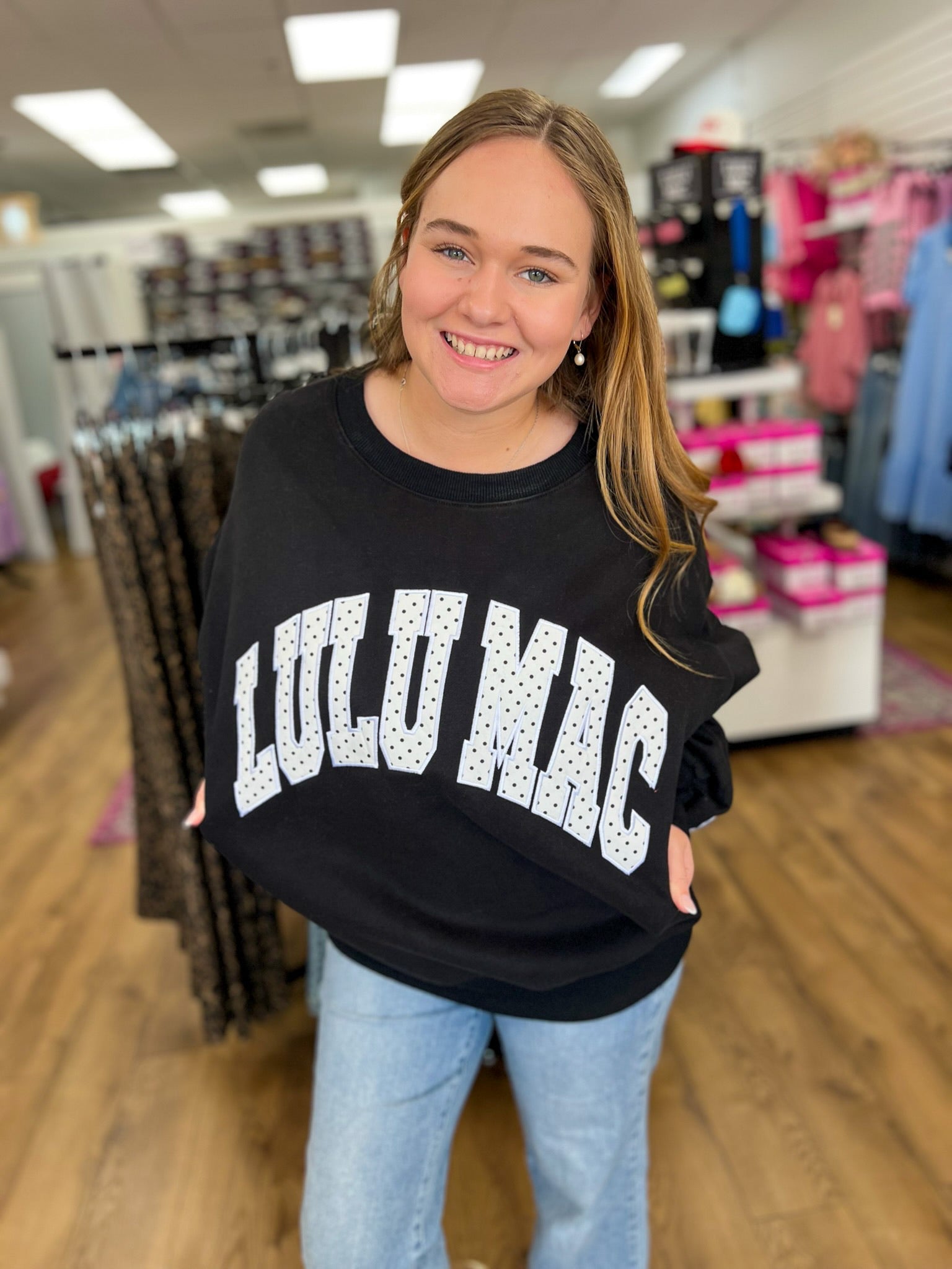 Lulu Mac Black/White Polka Dot Stitched Sweatshirt - A'Bekah's Boutique