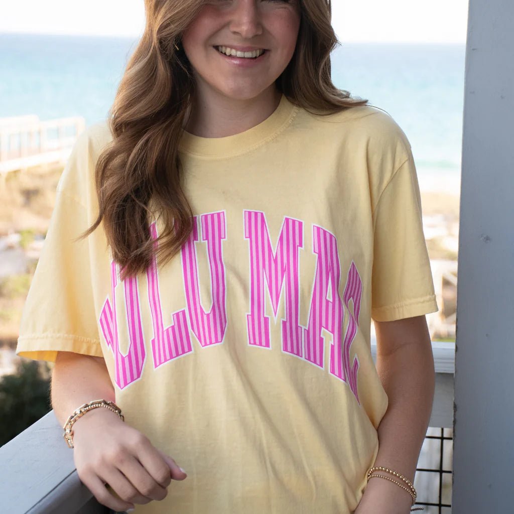 LULU MAC Butter Yellow Short Sleeve T-Shirt with Pink Striped Lettering - A'Bekah's Boutique
