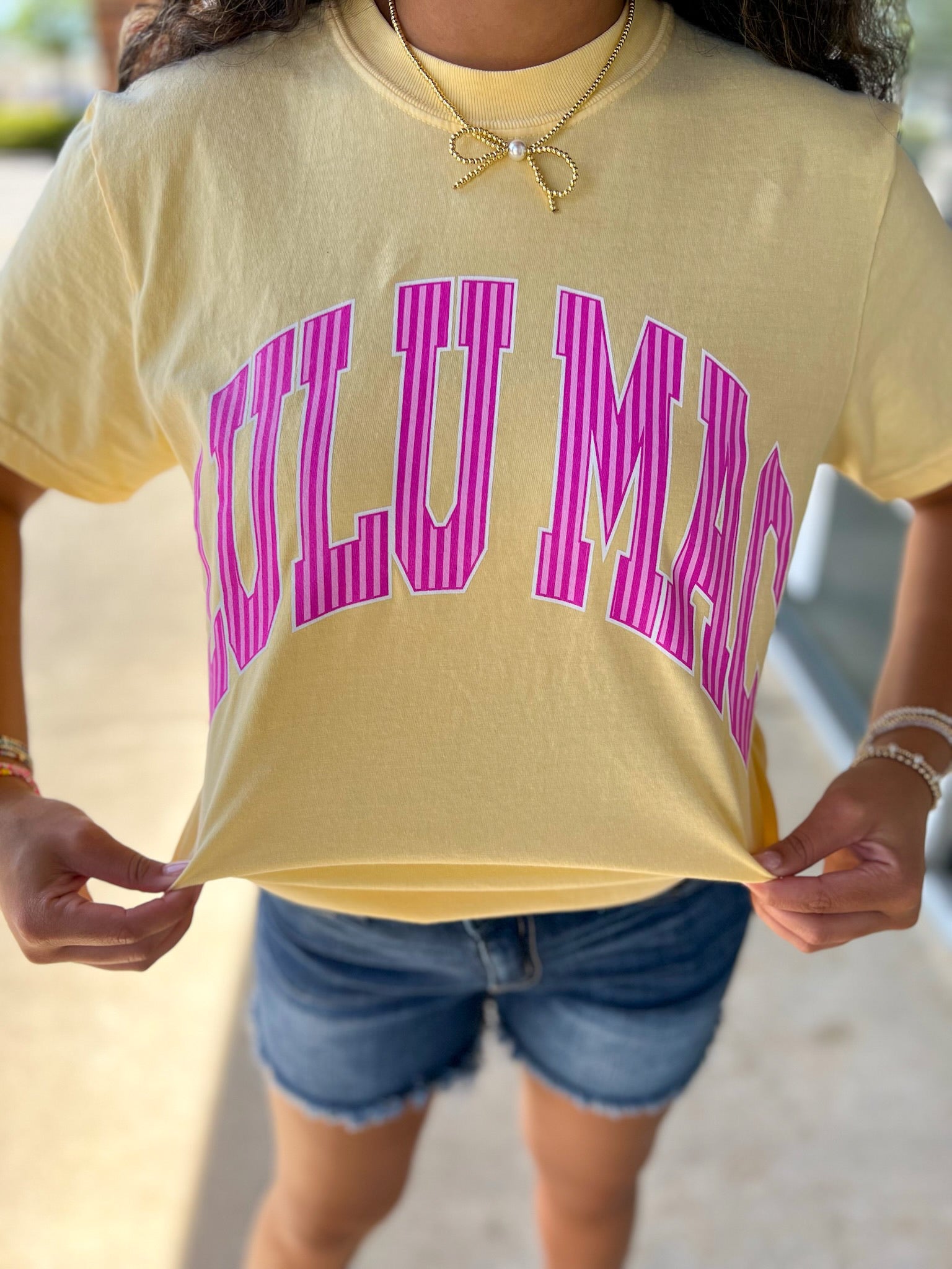 LULU MAC Butter Yellow Short Sleeve T-Shirt with Pink Striped Lettering - A'Bekah's Boutique