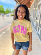 LULU MAC Butter Yellow Short Sleeve T-Shirt with Pink Striped Lettering - A'Bekah's Boutique