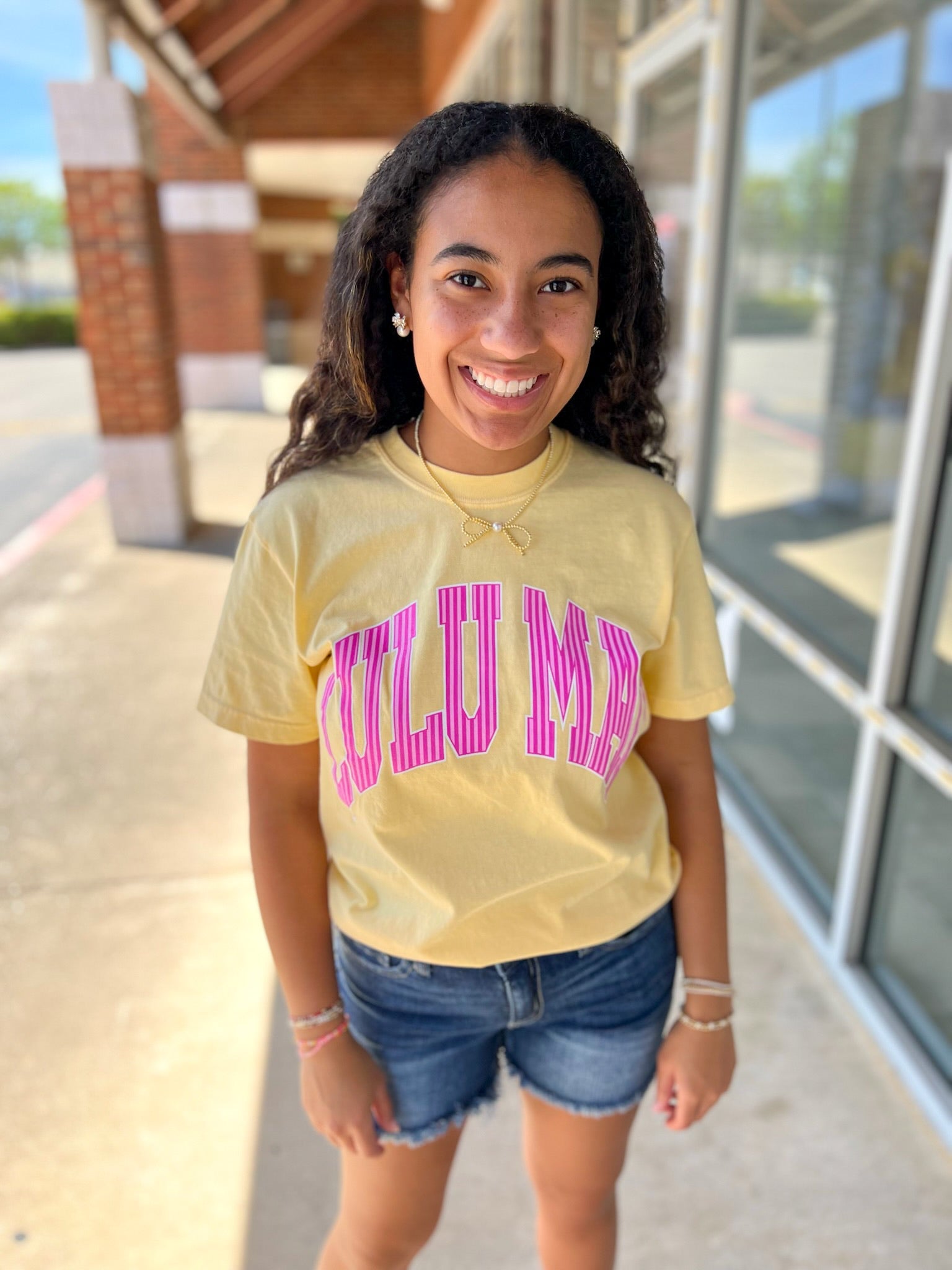 LULU MAC Butter Yellow Short Sleeve T-Shirt with Pink Striped Lettering - A'Bekah's Boutique