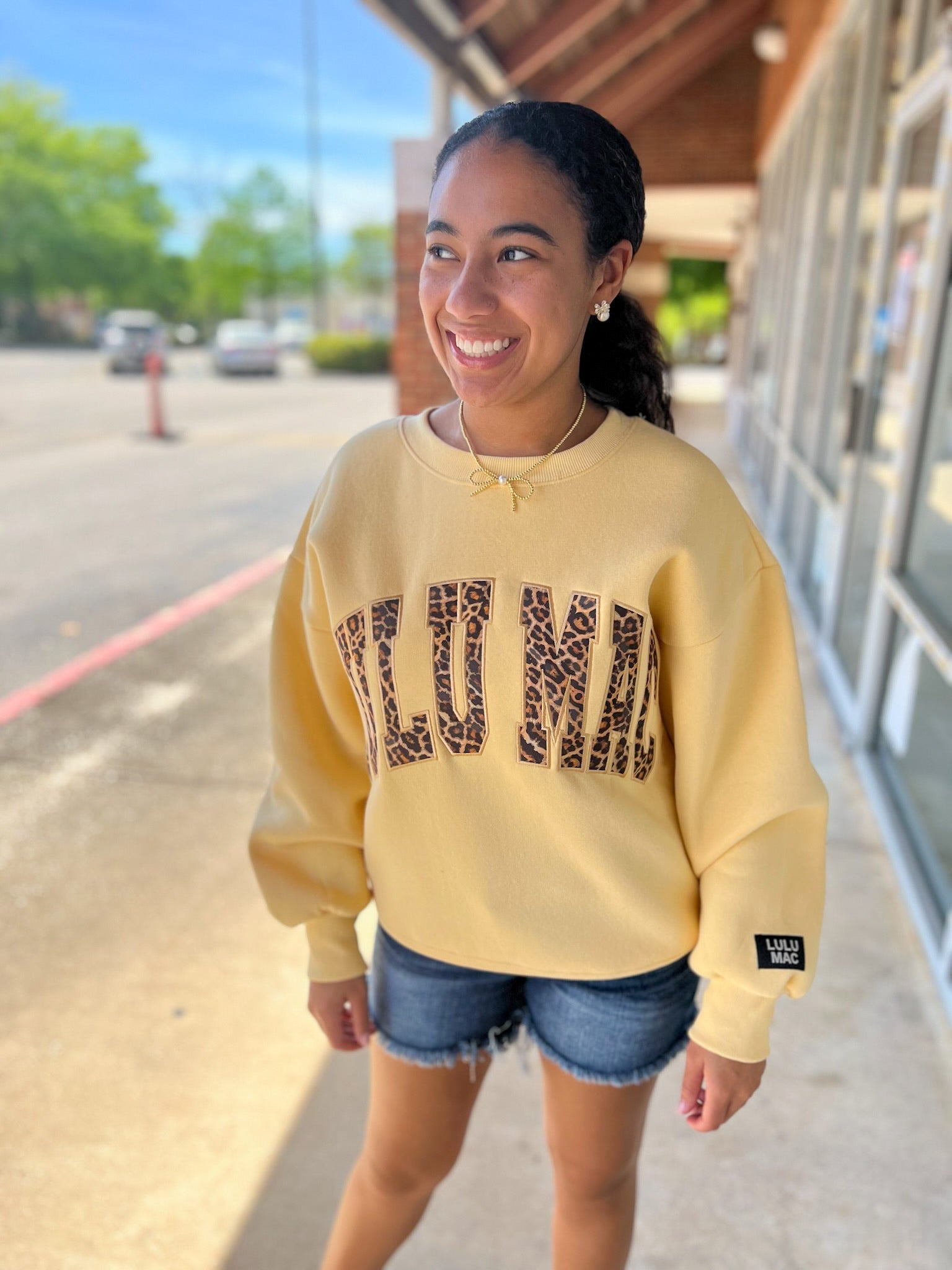 LULU MAC Butter Yellow Sweatshirt with Leopard Lettering - A'Bekah's Boutique