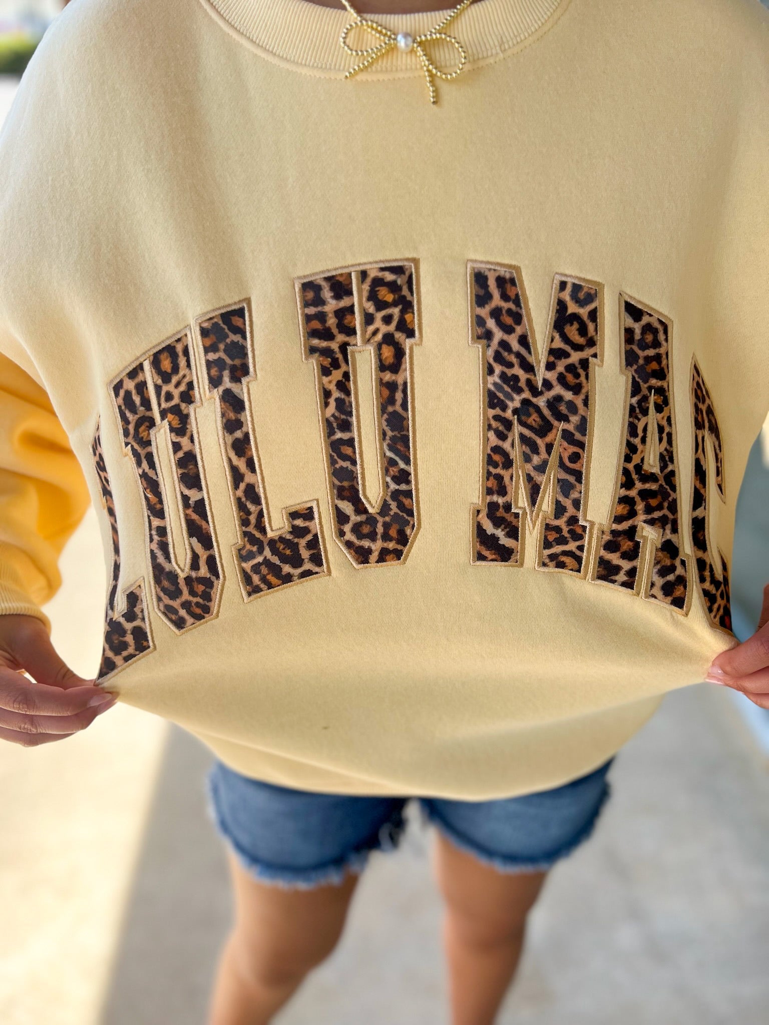 LULU MAC Butter Yellow Sweatshirt with Leopard Lettering - A'Bekah's Boutique