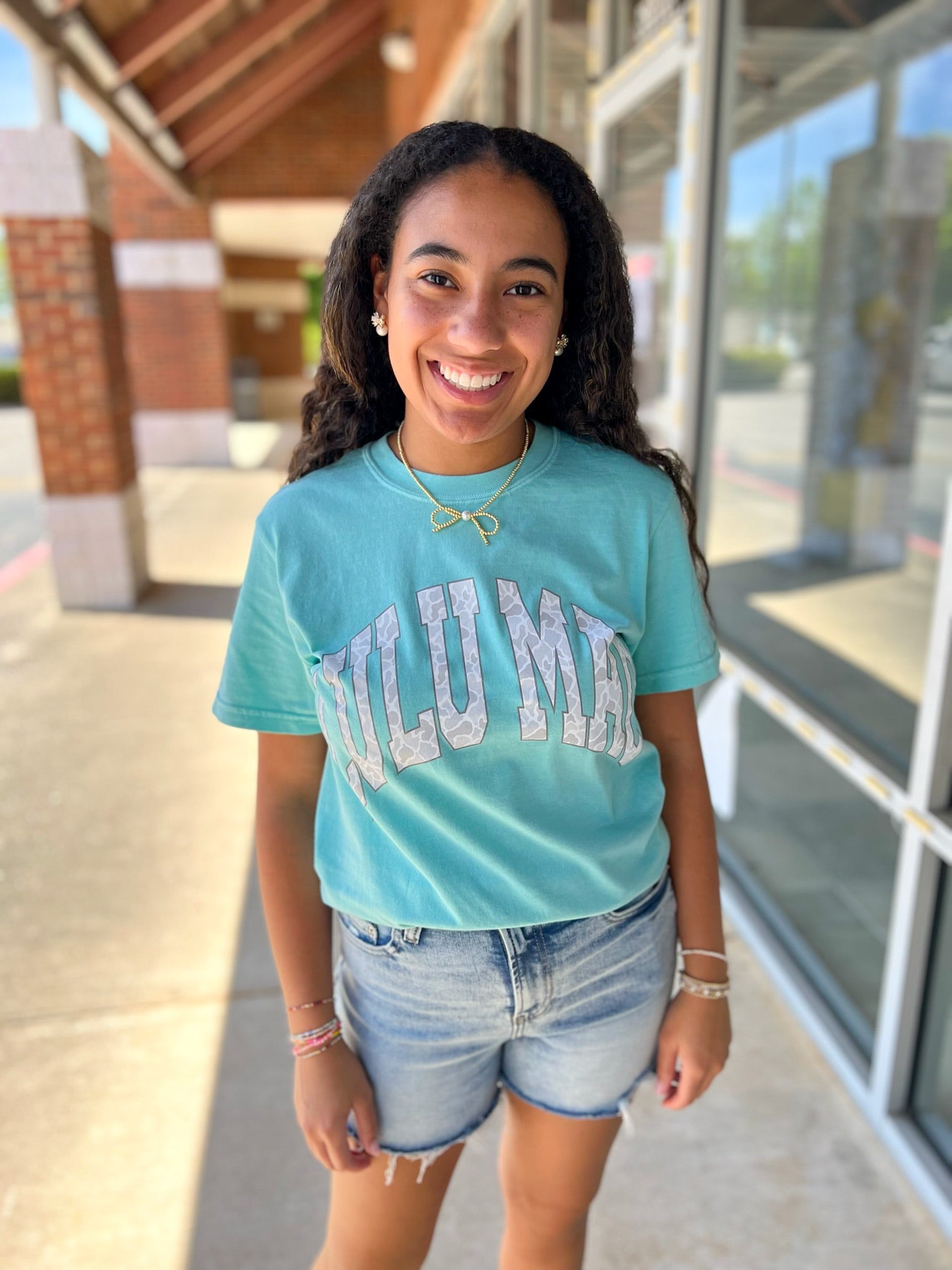 LULU MAC Chalky Mint Short Sleeve T-Shirt with Grey Camo Lettering - A'Bekah's Boutique