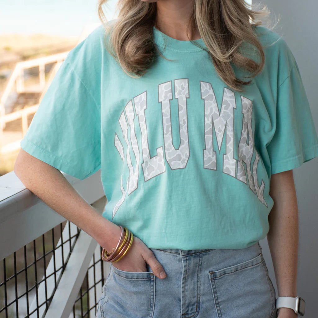 LULU MAC Chalky Mint Short Sleeve T-Shirt with Grey Camo Lettering - A'Bekah's Boutique