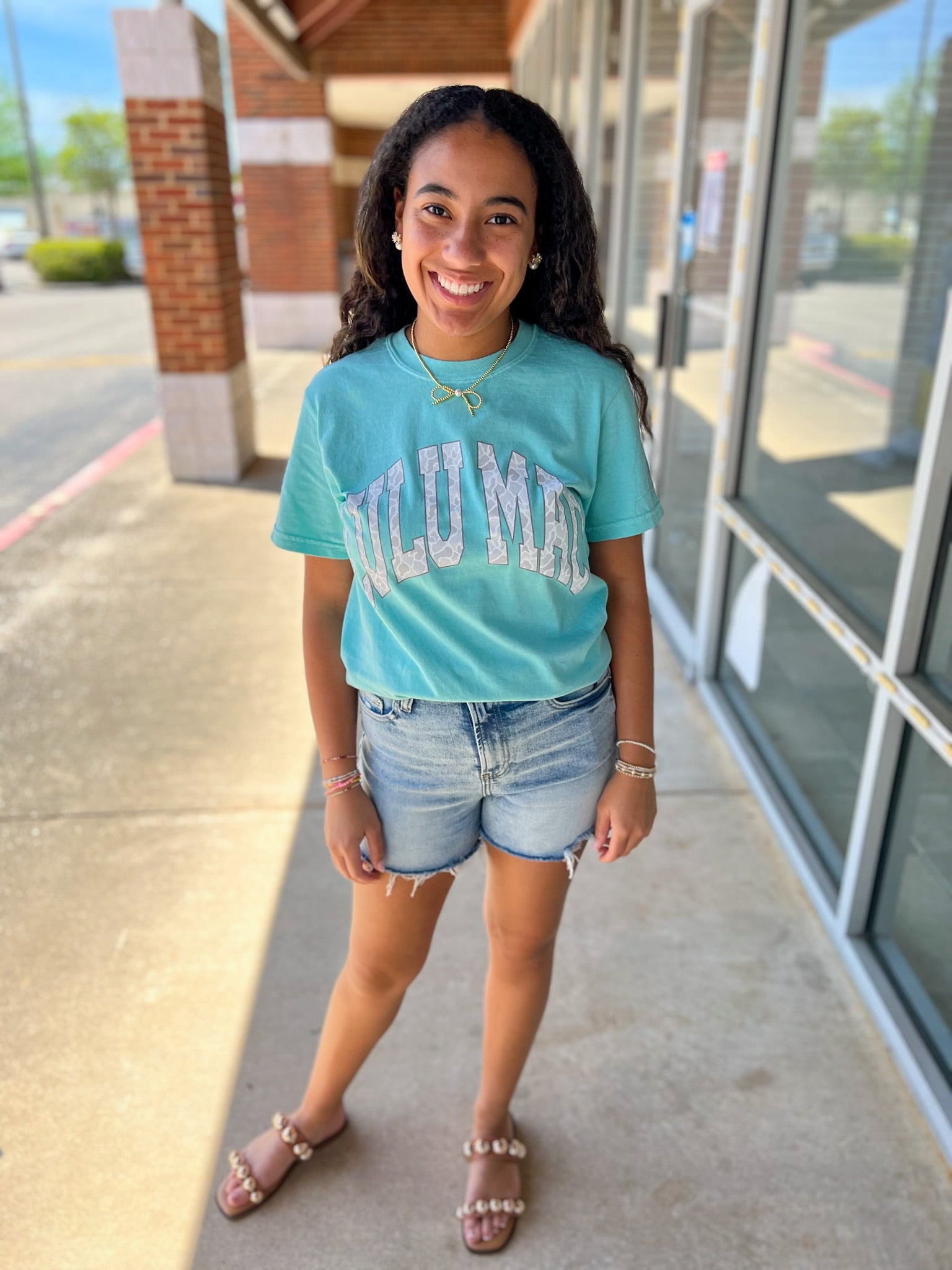 LULU MAC Chalky Mint Short Sleeve T-Shirt with Grey Camo Lettering - A'Bekah's Boutique