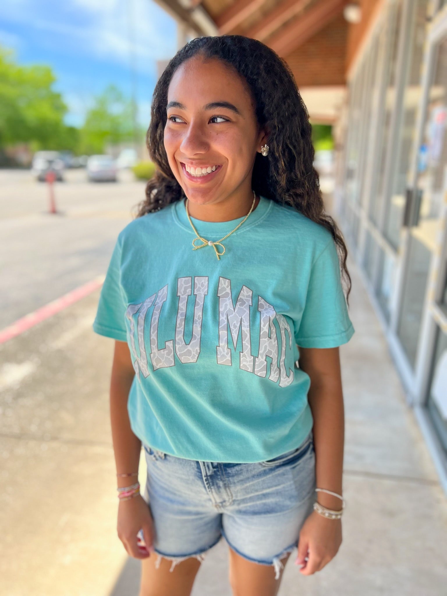 LULU MAC Chalky Mint Short Sleeve T-Shirt with Grey Camo Lettering - A'Bekah's Boutique