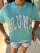 LULU MAC Chalky Mint Short Sleeve T-Shirt with Grey Camo Lettering - A'Bekah's Boutique