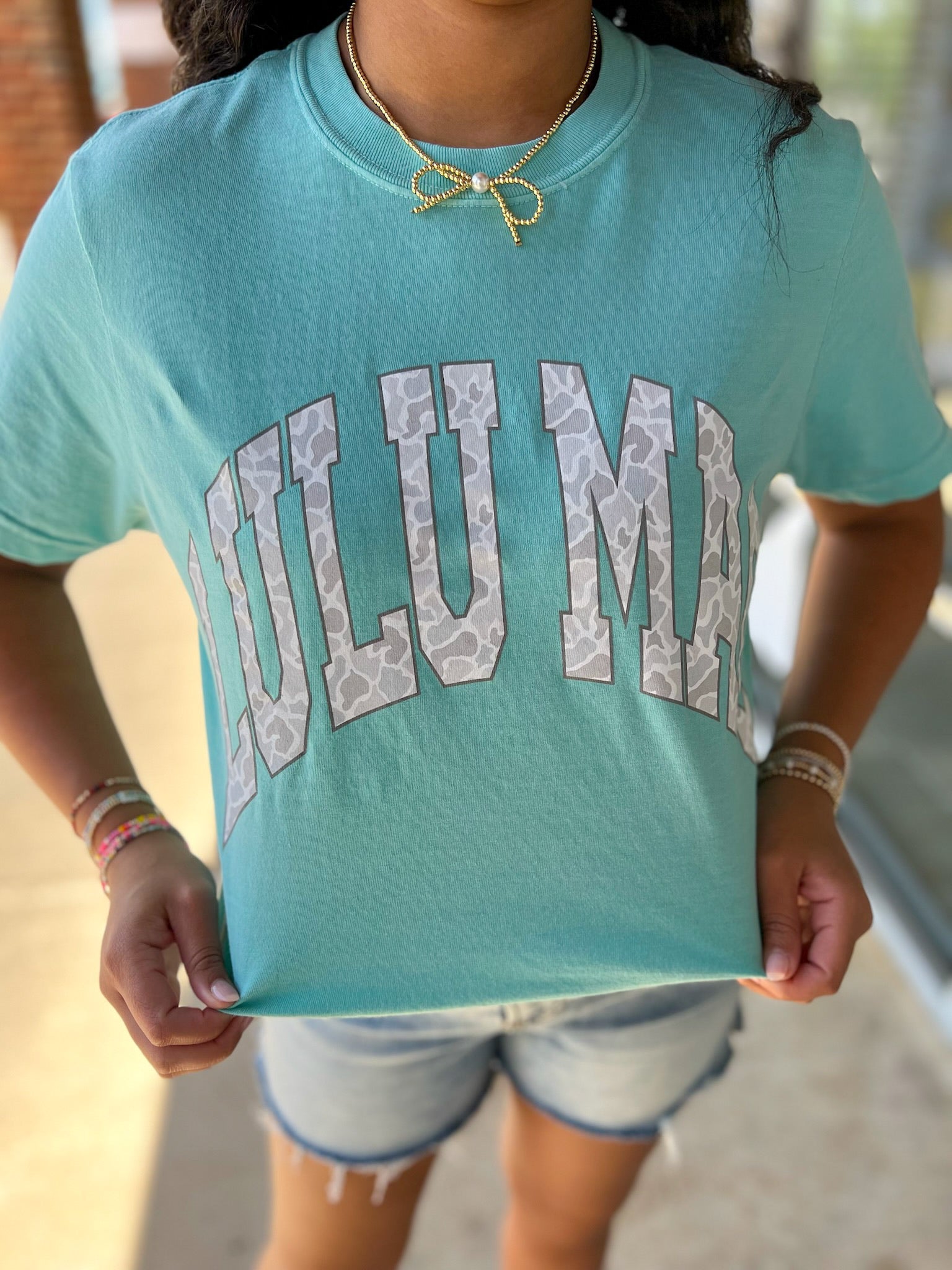 LULU MAC Chalky Mint Short Sleeve T-Shirt with Grey Camo Lettering - A'Bekah's Boutique
