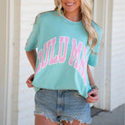 LULU MAC Chalky Mint Short Sleeve T-Shirt with Pink Polka Dot Lettering - A'Bekah's Boutique