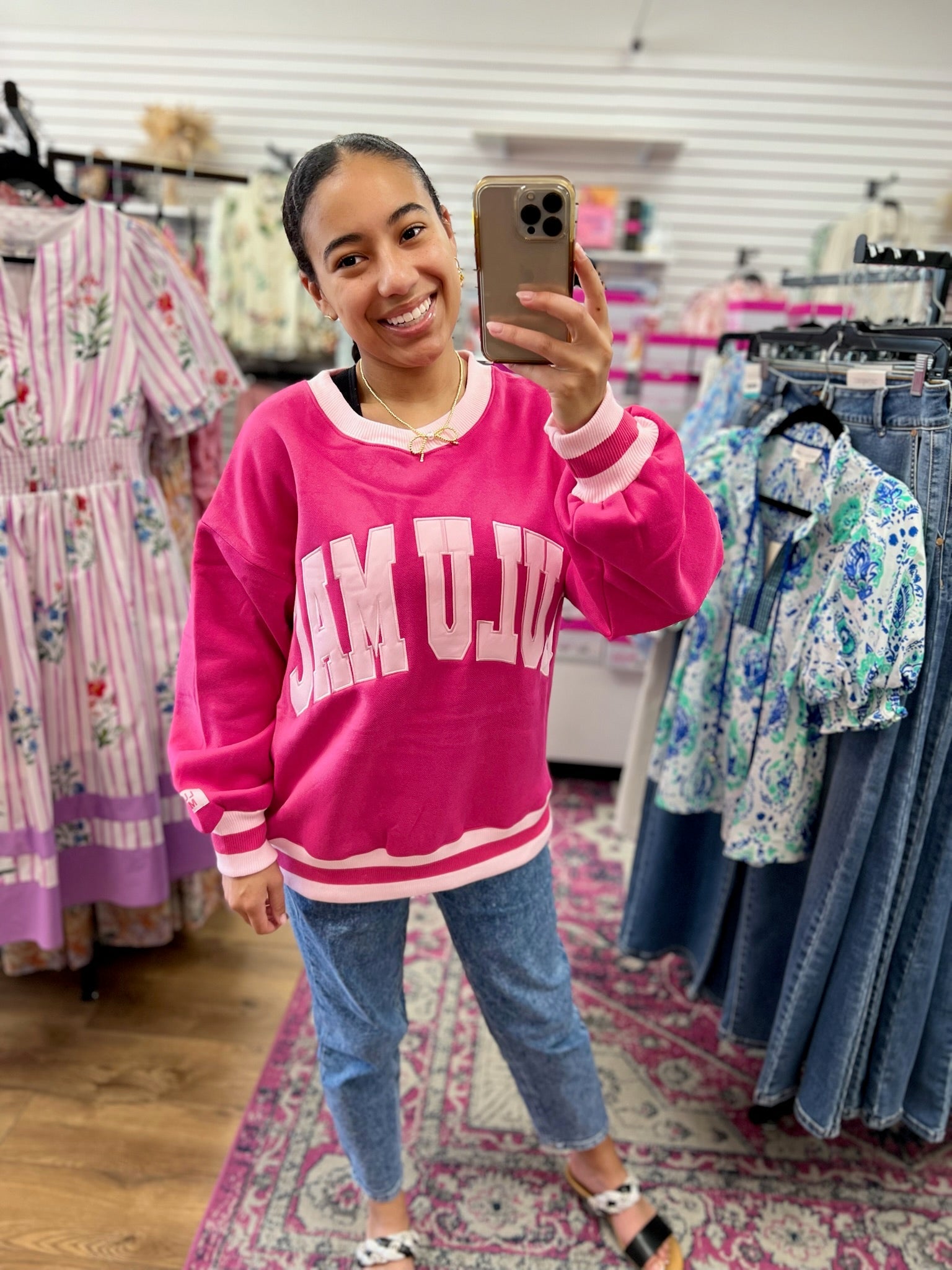 Lulu Mac Hot Pink Sweatshirt with Light Pink Stitched Lettering - A'Bekah's Boutique