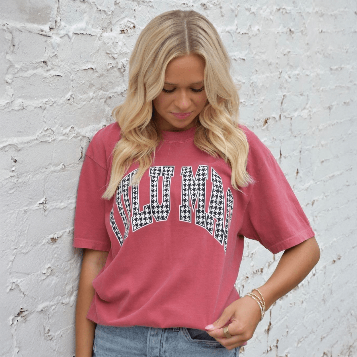 LULU MAC Houndstooth Adult Crimson Comfort Colors Tee - A'Bekah's Boutique