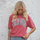 LULU MAC Houndstooth Adult Crimson Comfort Colors Tee - A'Bekah's Boutique
