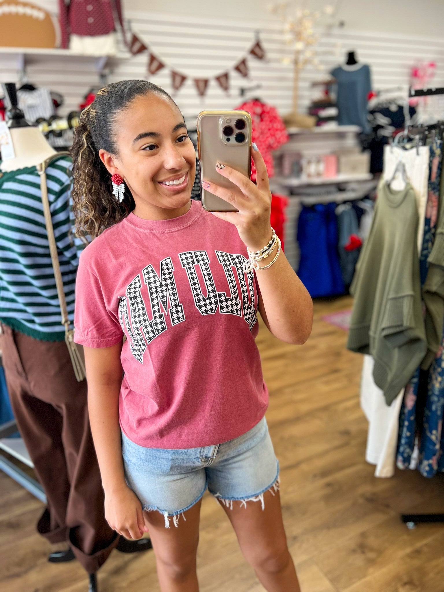 LULU MAC Houndstooth Adult Crimson Comfort Colors Tee - A'Bekah's Boutique