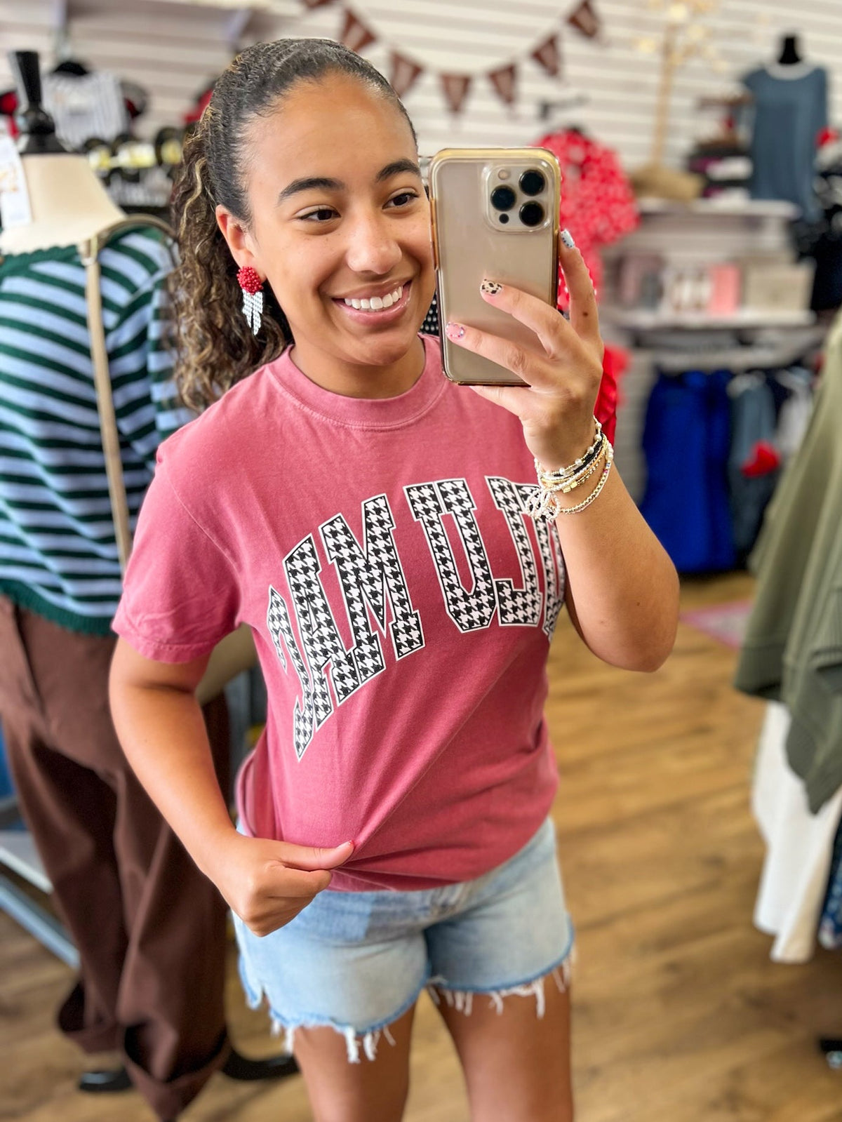 LULU MAC Houndstooth Adult Crimson Comfort Colors Tee - A'Bekah's Boutique