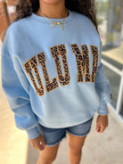 LULU MAC Light Blue Sweatshirt with Leopard Lettering - A'Bekah's Boutique