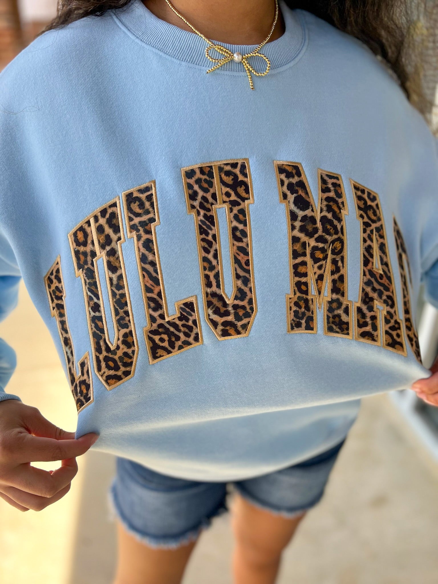 LULU MAC Light Blue Sweatshirt with Leopard Lettering - A'Bekah's Boutique