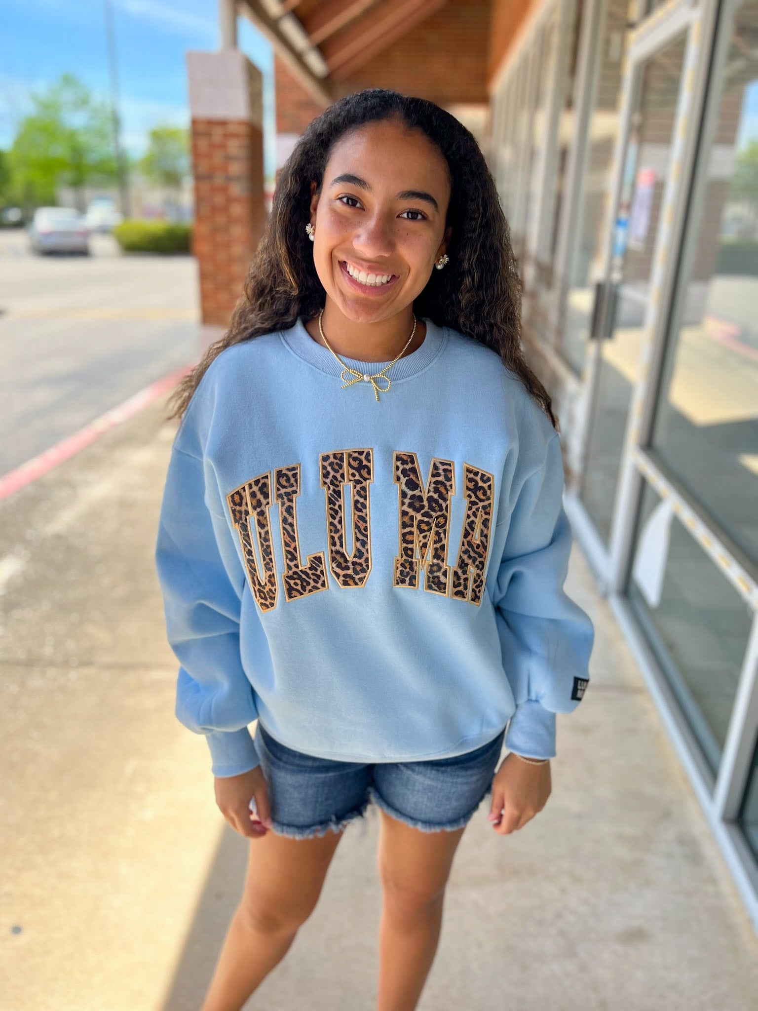 LULU MAC Light Blue Sweatshirt with Leopard Lettering - A'Bekah's Boutique
