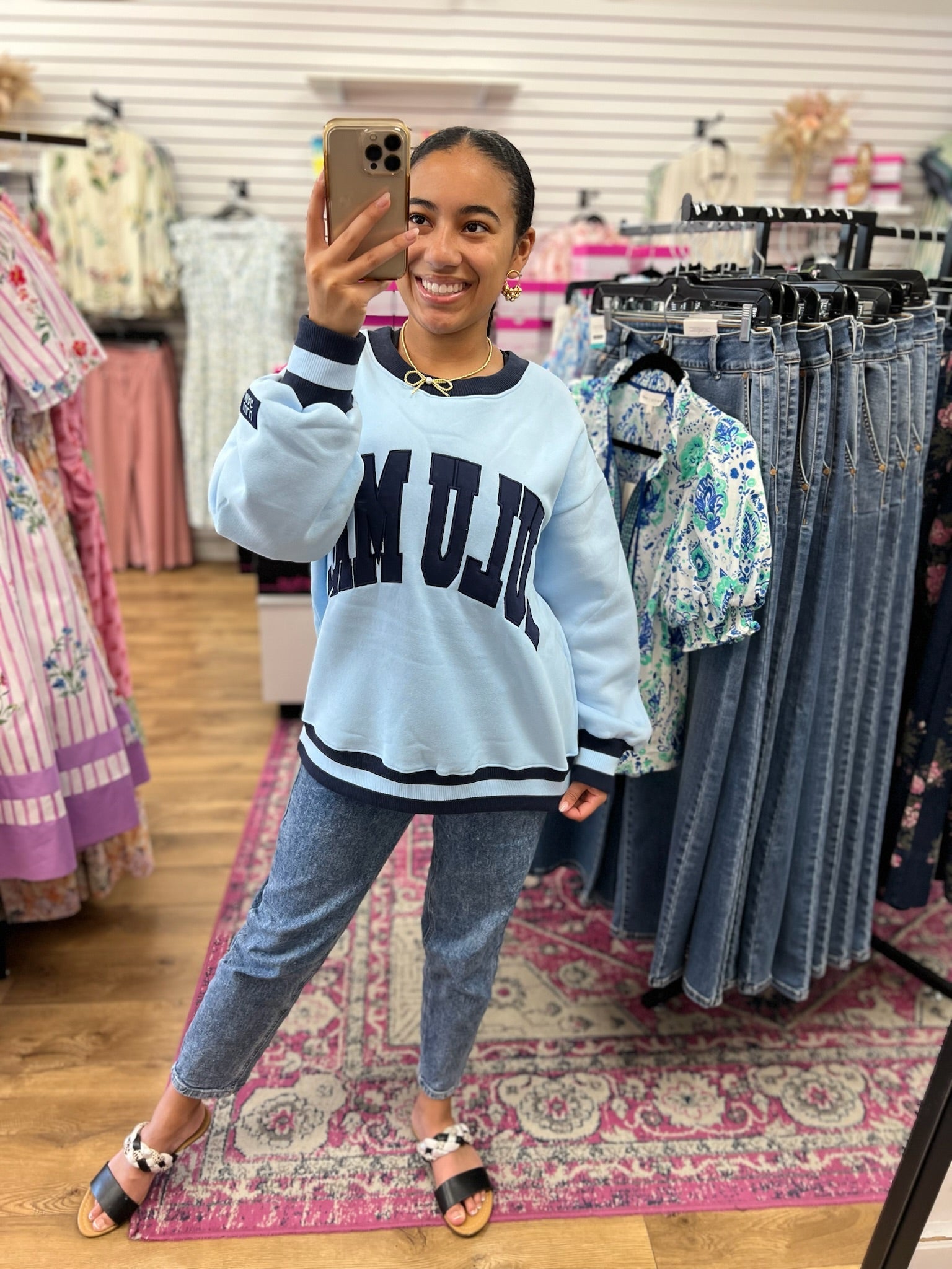 Lulu Mac Light Blue Sweatshirt with Navy Stitched Lettering - A'Bekah's Boutique