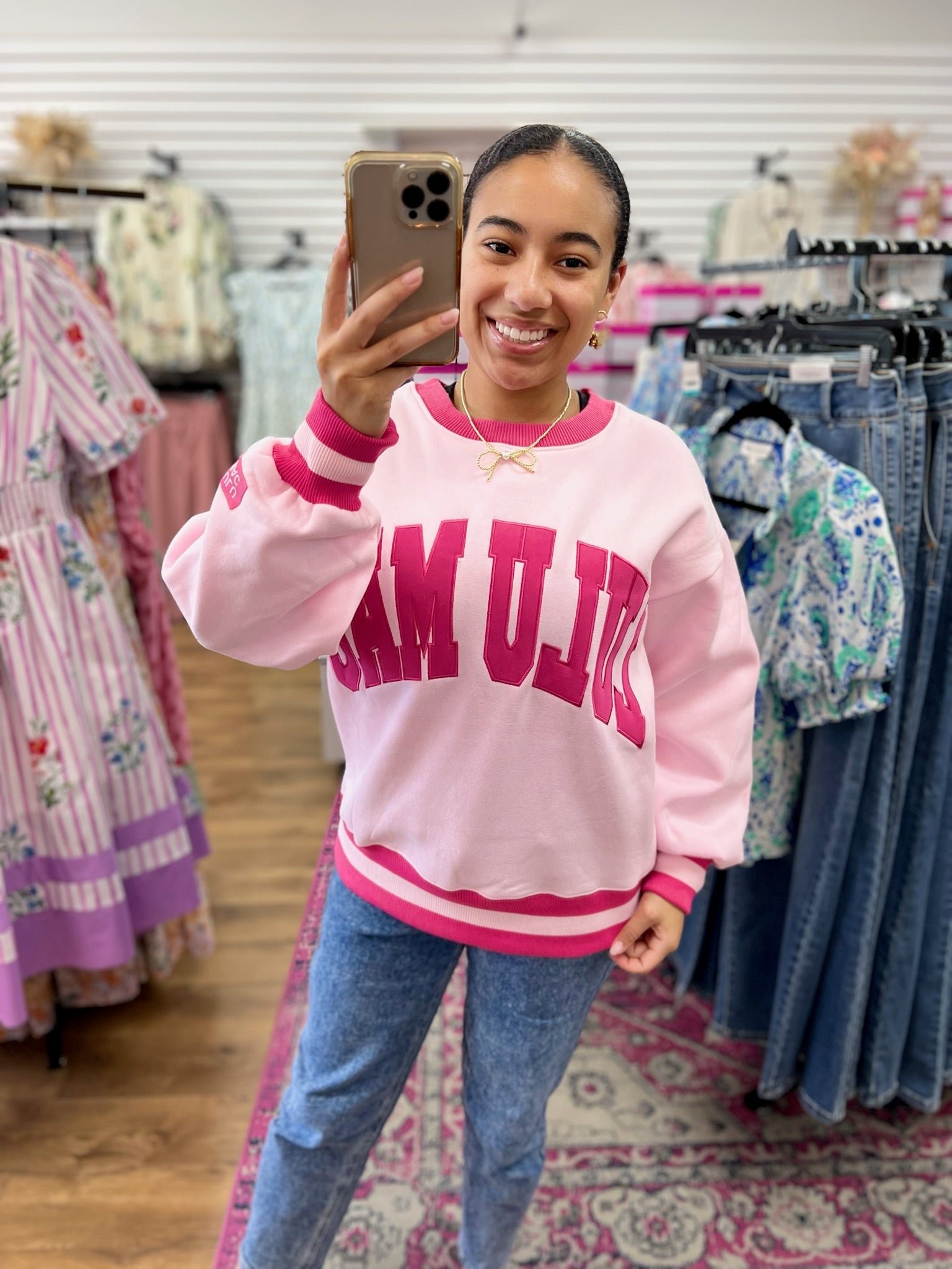 Lulu Mac Light Pink Sweatshirt with Hot Pink Stitched Lettering - A'Bekah's Boutique
