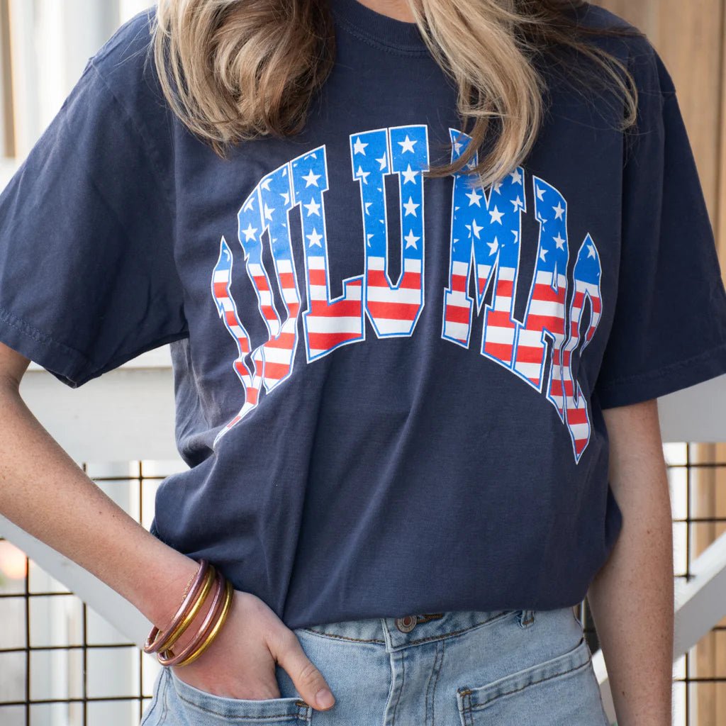 LULU MAC Navy Short Sleeve T-Shirt with American Flag Lettering - A'Bekah's Boutique