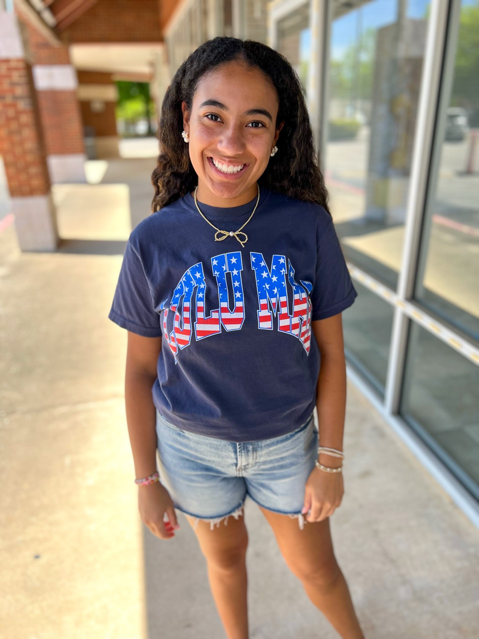 LULU MAC Navy Short Sleeve T-Shirt with American Flag Lettering - A'Bekah's Boutique
