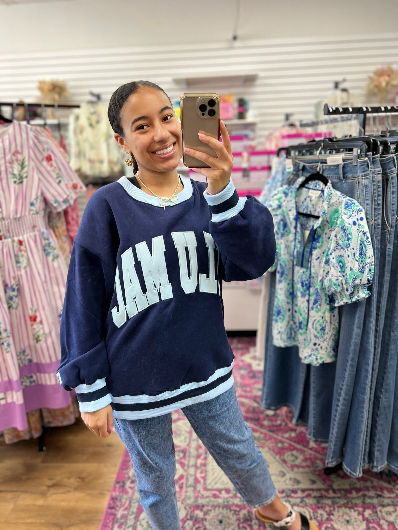 Lulu Mac Navy Sweatshirt with Light Blue Stitched Lettering - A'Bekah's Boutique