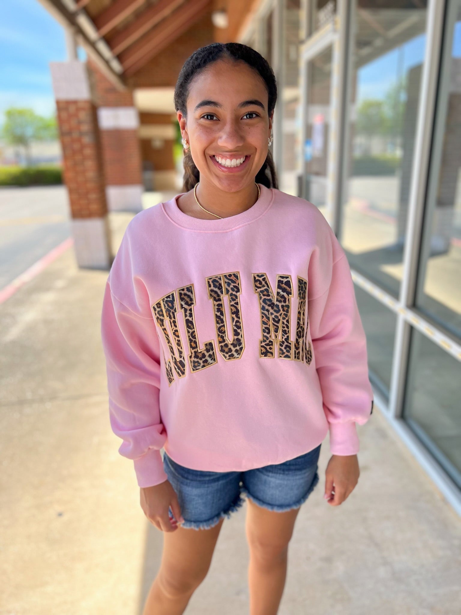 LULU MAC Pink Sweatshirt with Leopard Lettering - A'Bekah's Boutique