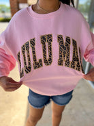 LULU MAC Pink Sweatshirt with Leopard Lettering - A'Bekah's Boutique