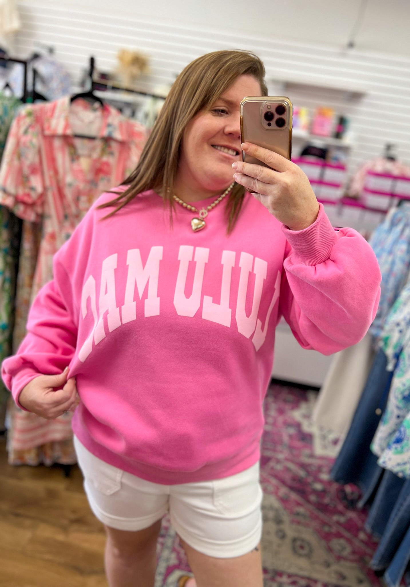 LULU MAC Pink Sweatshirt with Light Pink Lettering - A'Bekah's Boutique