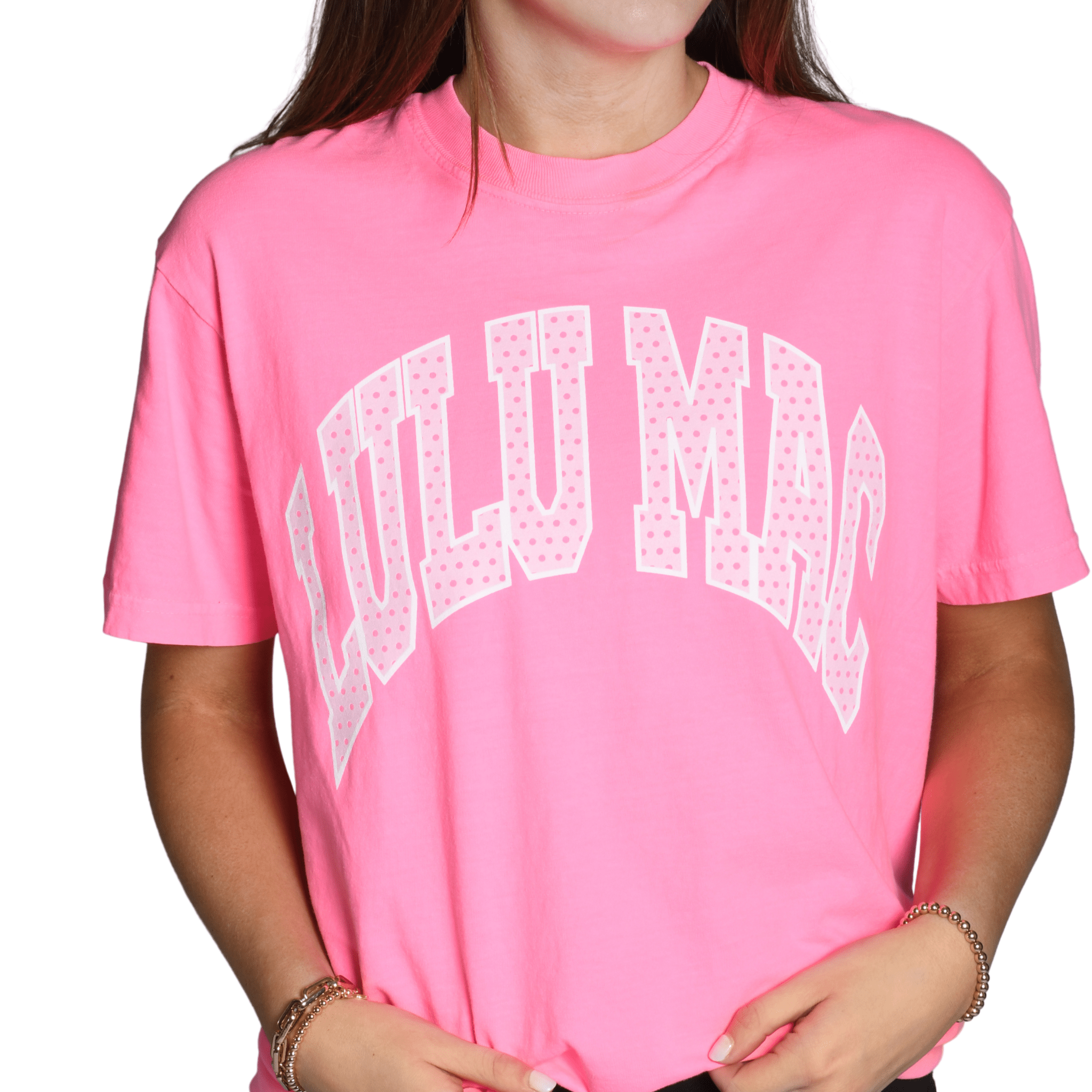 Lulu Mac Polka Dot Neon Pink Comfort Colors Tee - A'Bekah's Boutique