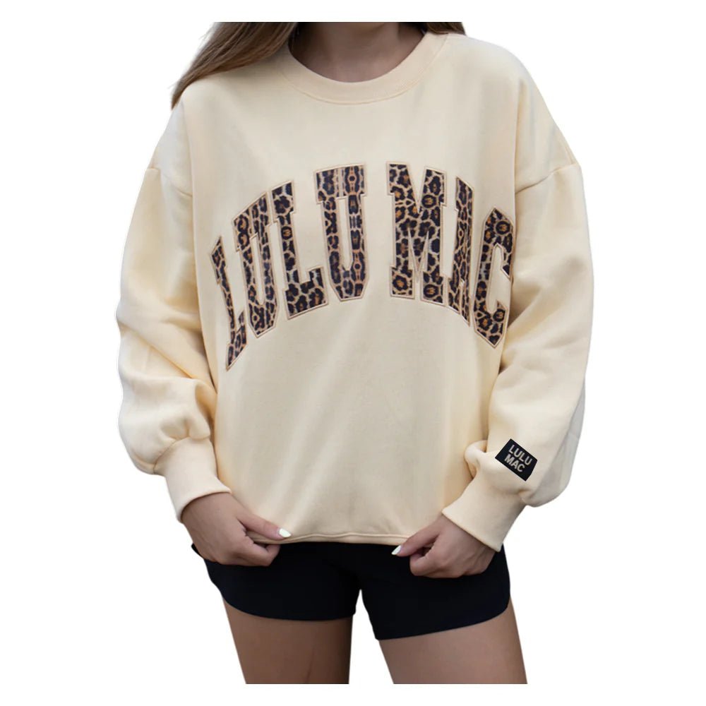 LULUMAC Butter Yellow Sweatshirt with Leopard Lettering - A'Bekah's Boutique