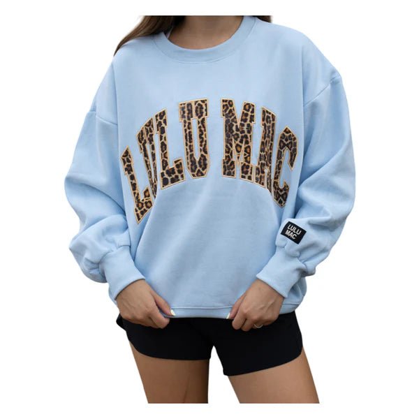 LULUMAC Light Blue Sweatshirt with Leopard Lettering - A'Bekah's Boutique