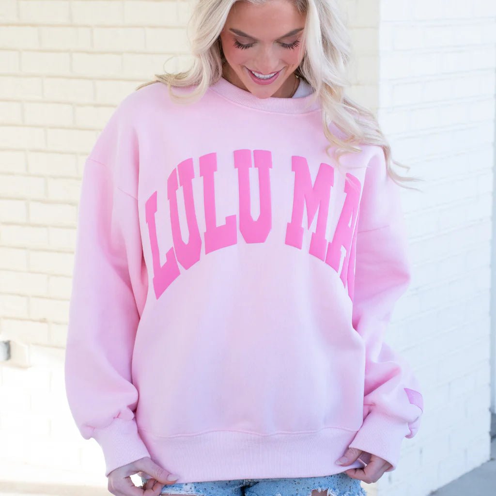 LULUMAC Light Pink Sweatshirt with Darker Pink Lettering - A'Bekah's Boutique