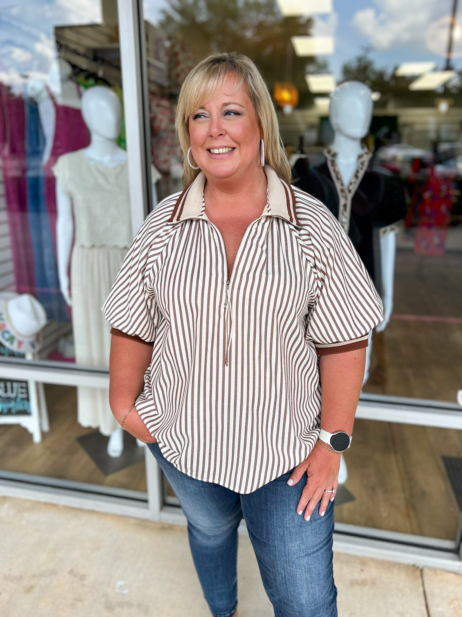 Make You See Caramel Striped Top with Short Puff Sleeves (C) - A'Bekah's Boutique