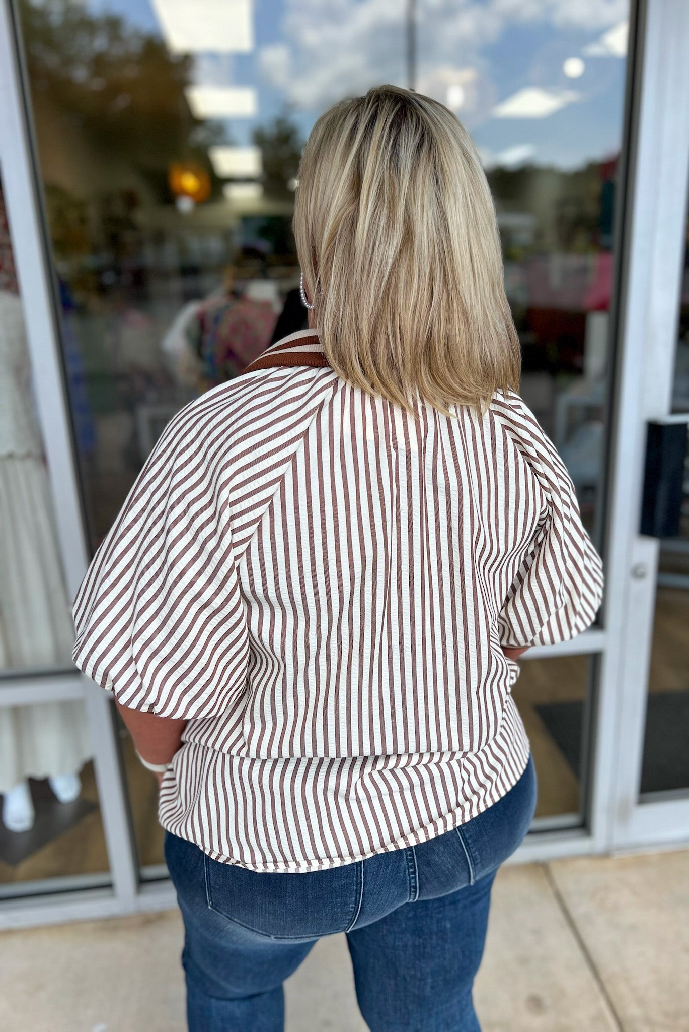 Make You See Caramel Striped Top with Short Puff Sleeves (C) - A'Bekah's Boutique