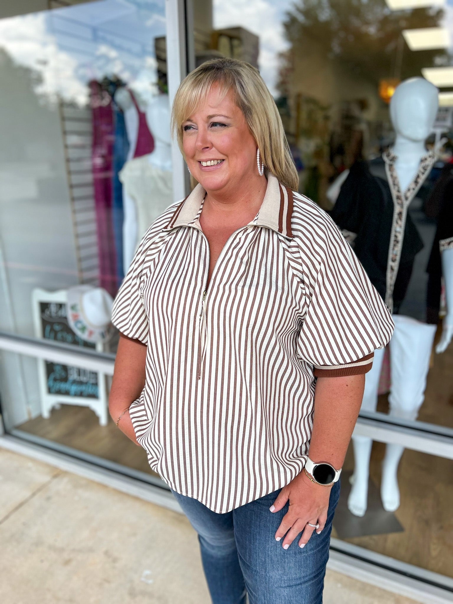 Make You See Caramel Striped Top with Short Puff Sleeves (C) - A'Bekah's Boutique