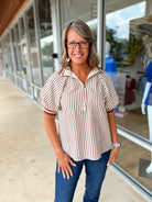 Make You See Caramel Striped Top with Short Puff Sleeves (R) - A'Bekah's Boutique