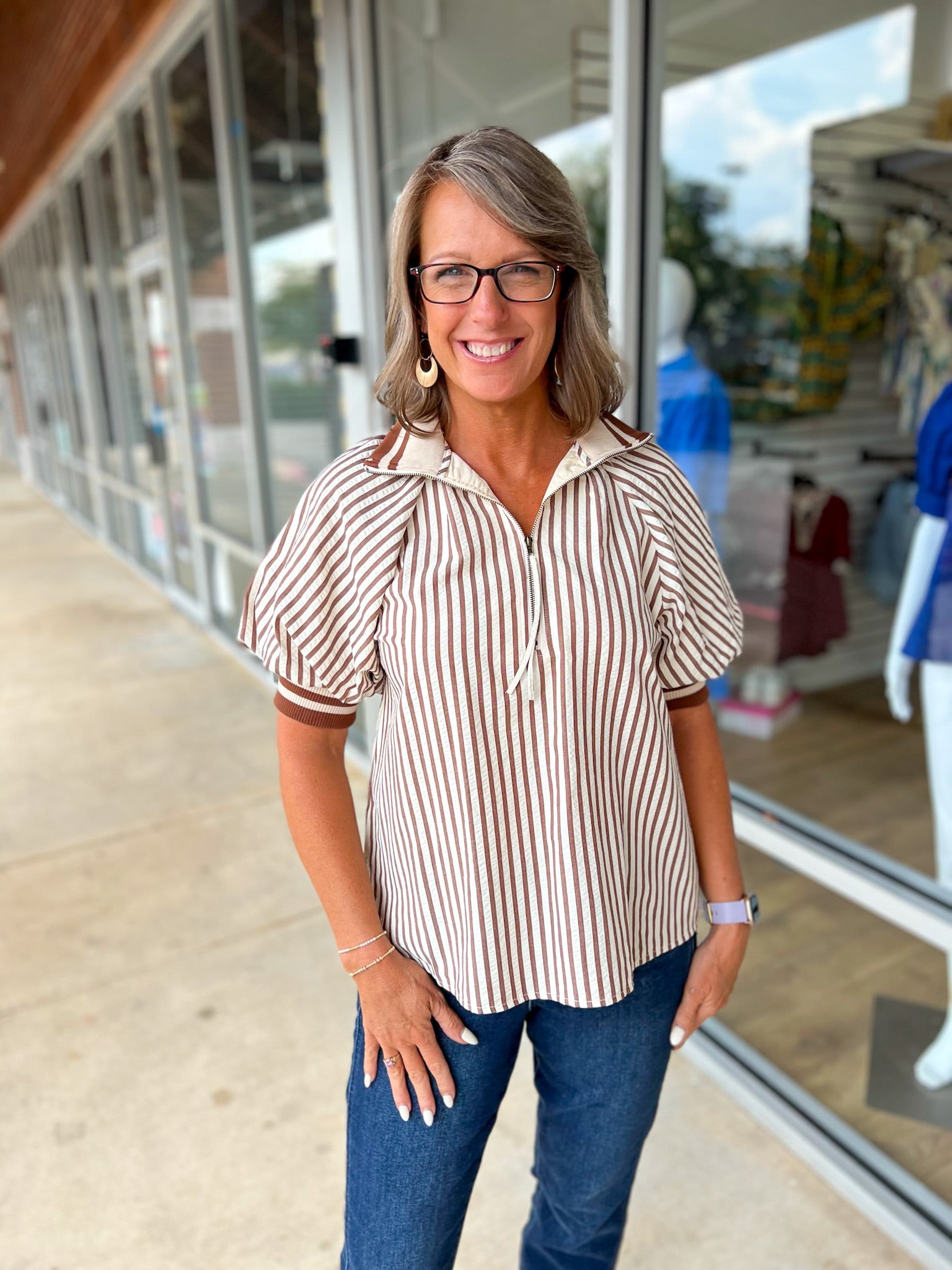 Make You See Caramel Striped Top with Short Puff Sleeves (R) - A'Bekah's Boutique