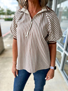 Make You See Caramel Striped Top with Short Puff Sleeves (R) - A'Bekah's Boutique