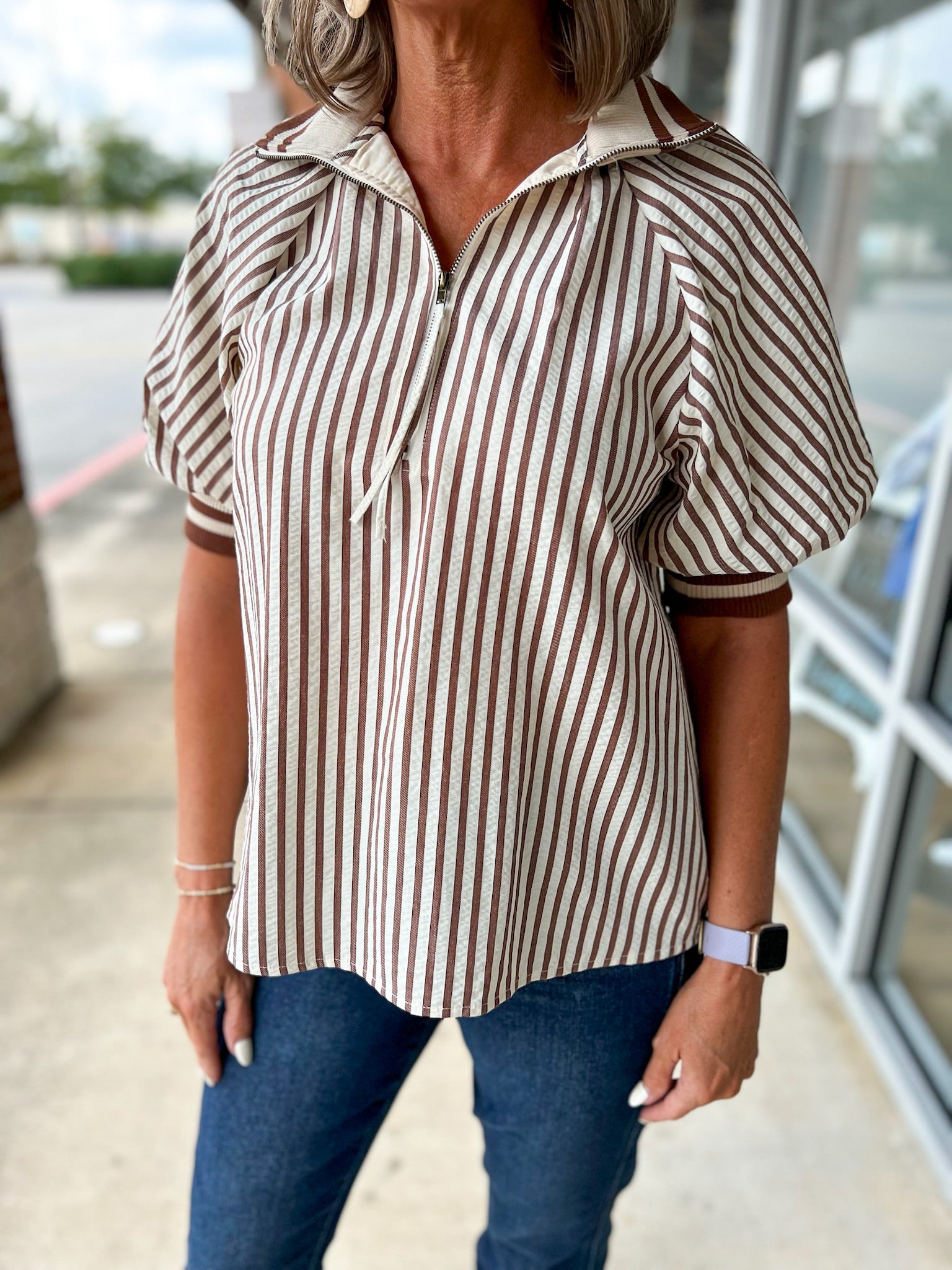Make You See Caramel Striped Top with Short Puff Sleeves (R) - A'Bekah's Boutique