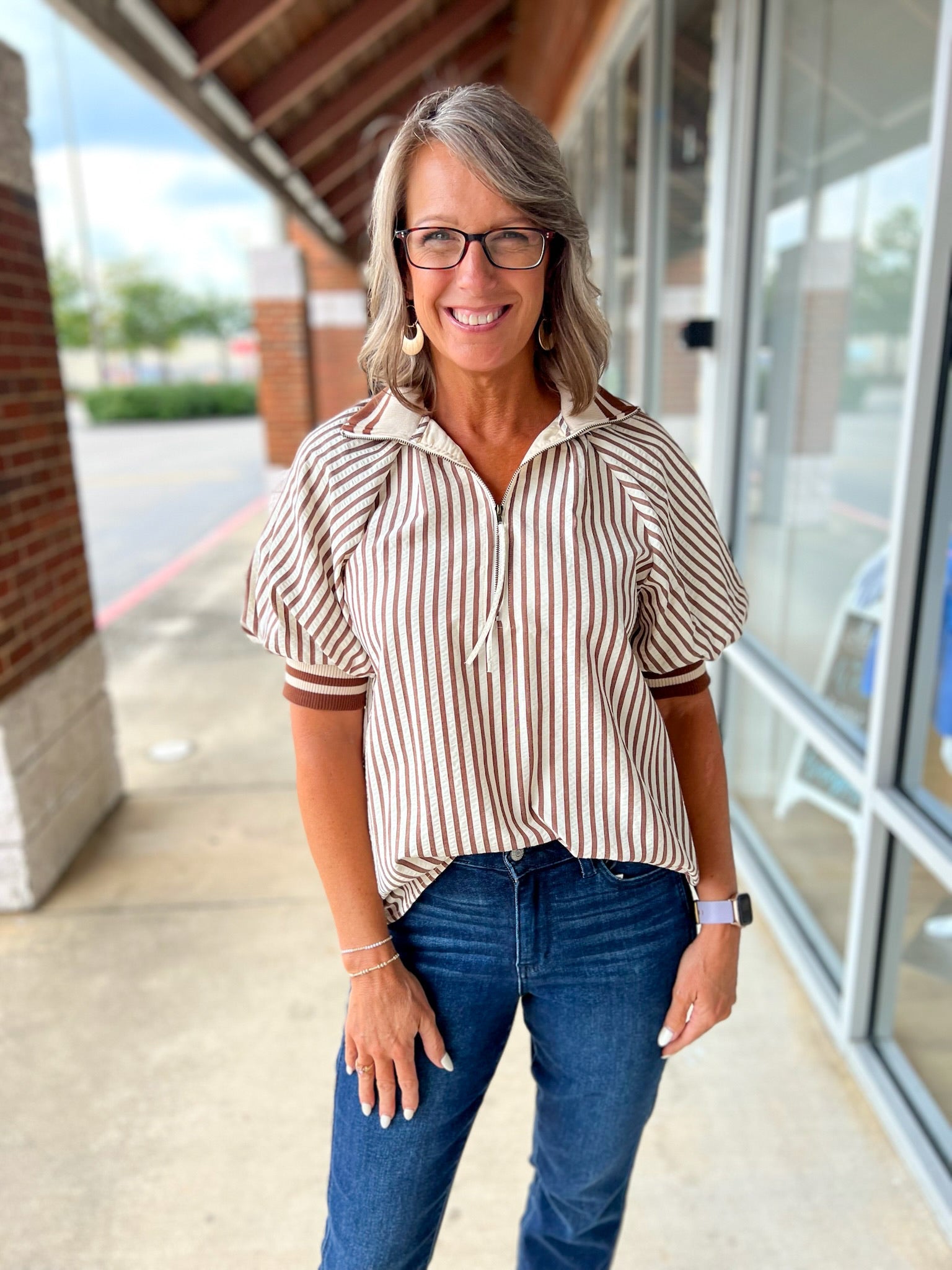 Make You See Caramel Striped Top with Short Puff Sleeves (R) - A'Bekah's Boutique