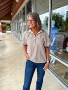 Make You See Caramel Striped Top with Short Puff Sleeves (R) - A'Bekah's Boutique